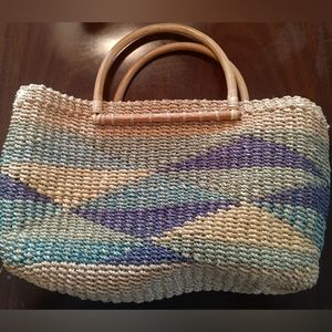 Vintage Natural Fiber Purse with Bamboo Handles in Shades of Blue